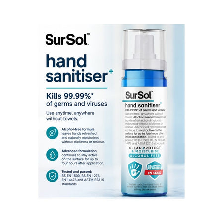 SurSol Alcohol-Free Hand Sanitiser 100ml bottle on a blue background with product information to the left of the image