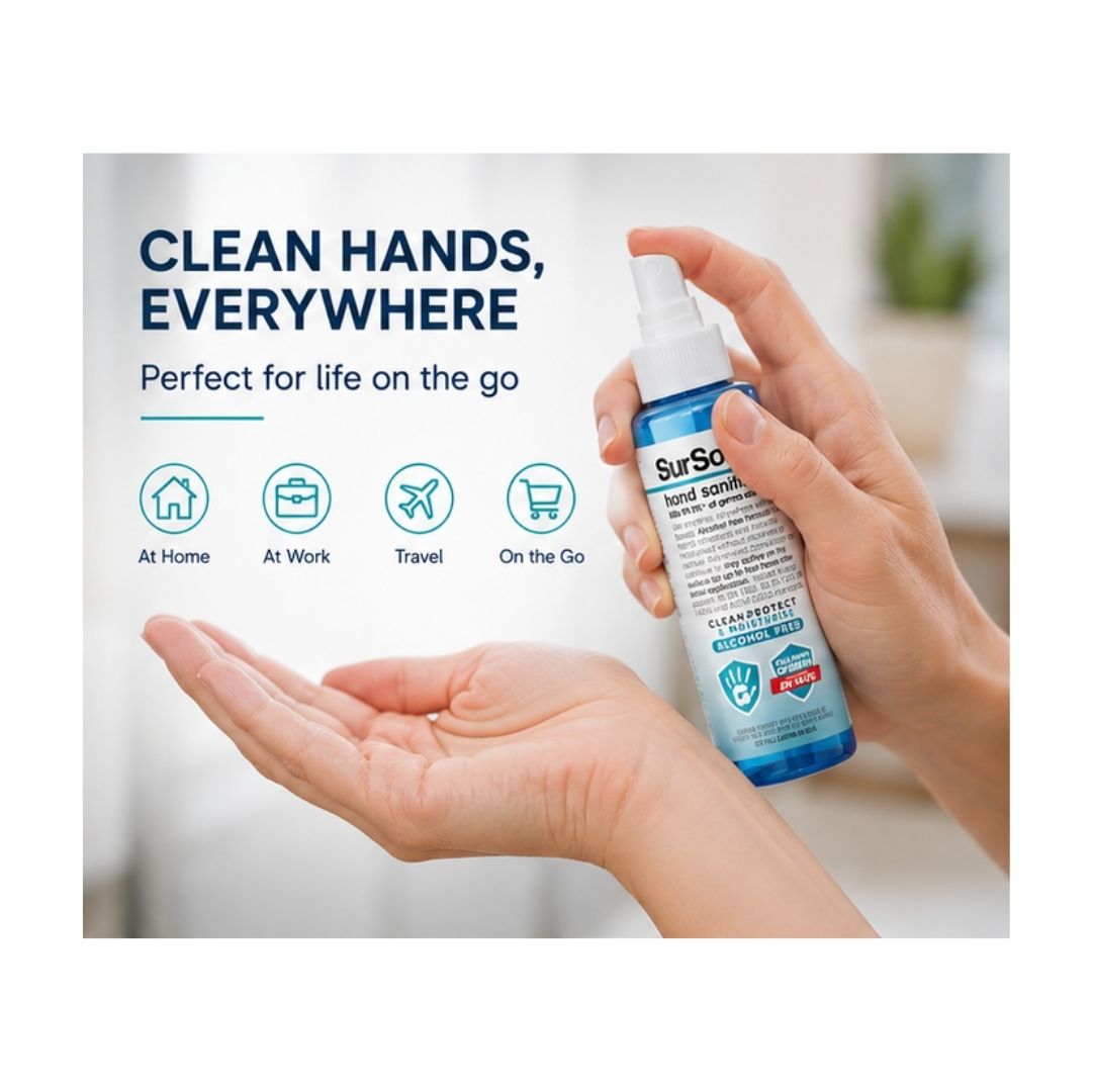 SurSol Alcohol-Free Hand Sanitiser being sprayed onto the balm of a hand with the caption 'CLEAN HANDS, EVERYWHERE' 