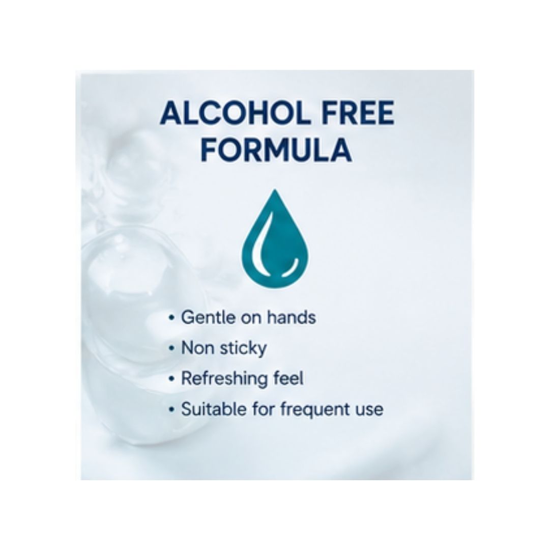 SurSol Alcohol-Free Hand Sanitiser 'ALCOHOL FREE FORMULA' informative graphic on a grey background