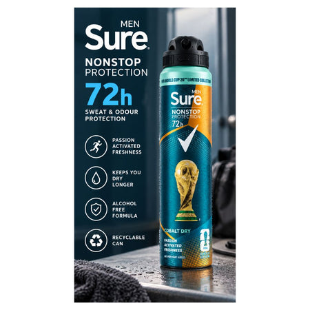 A can of Sure Men Nonstop Protection 72h deodorant spray standing on a wet surface, with large product information text on a dark blue background. The can is teal and orange with a black cap and a gold trophy graphic.