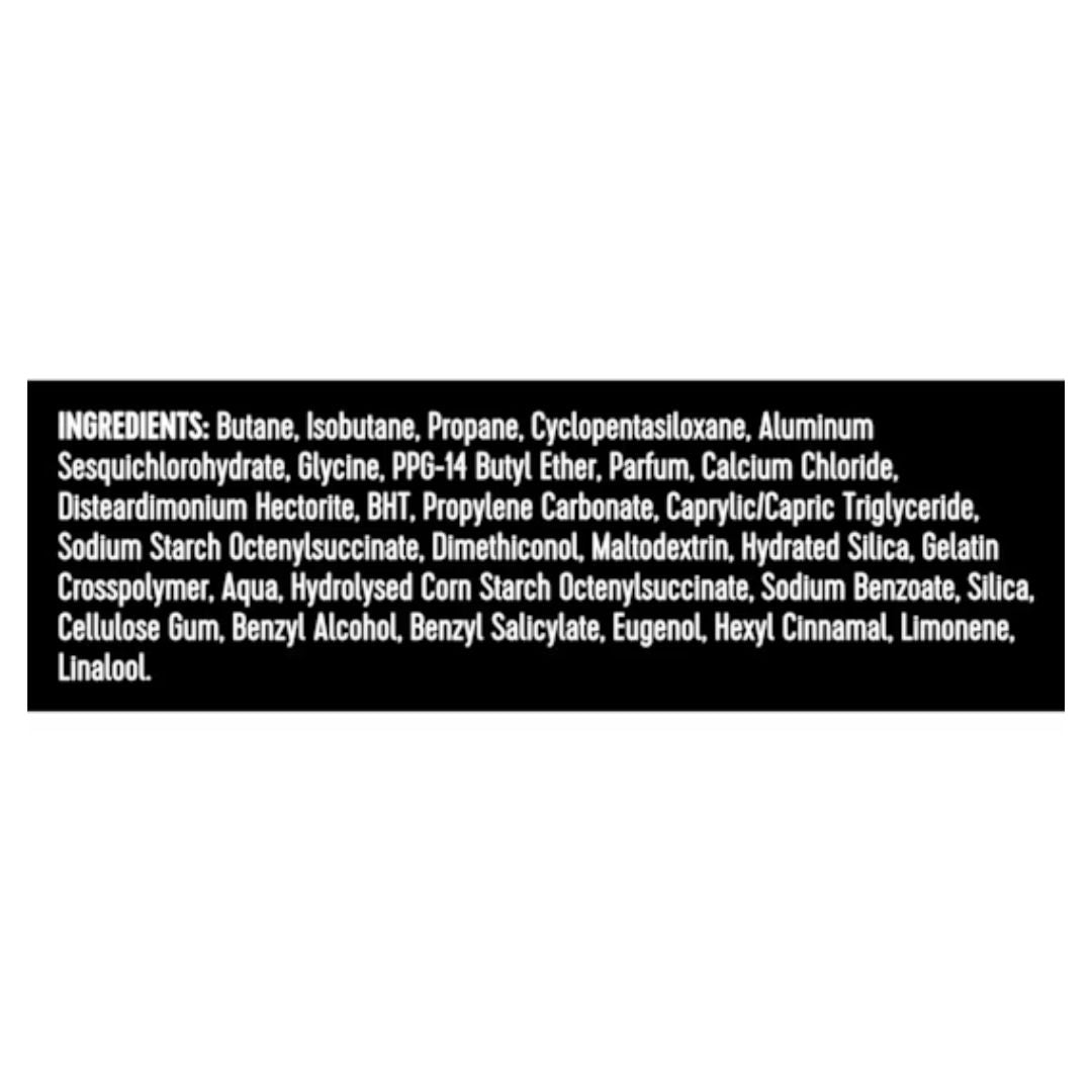 Sure Men Sport Active 96H Anti-Perspirant 'INGREDIENTS' list on a black background