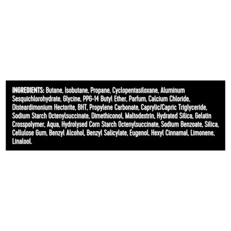 Sure Men Sport Active 96H Anti-Perspirant 'INGREDIENTS' list on a black background