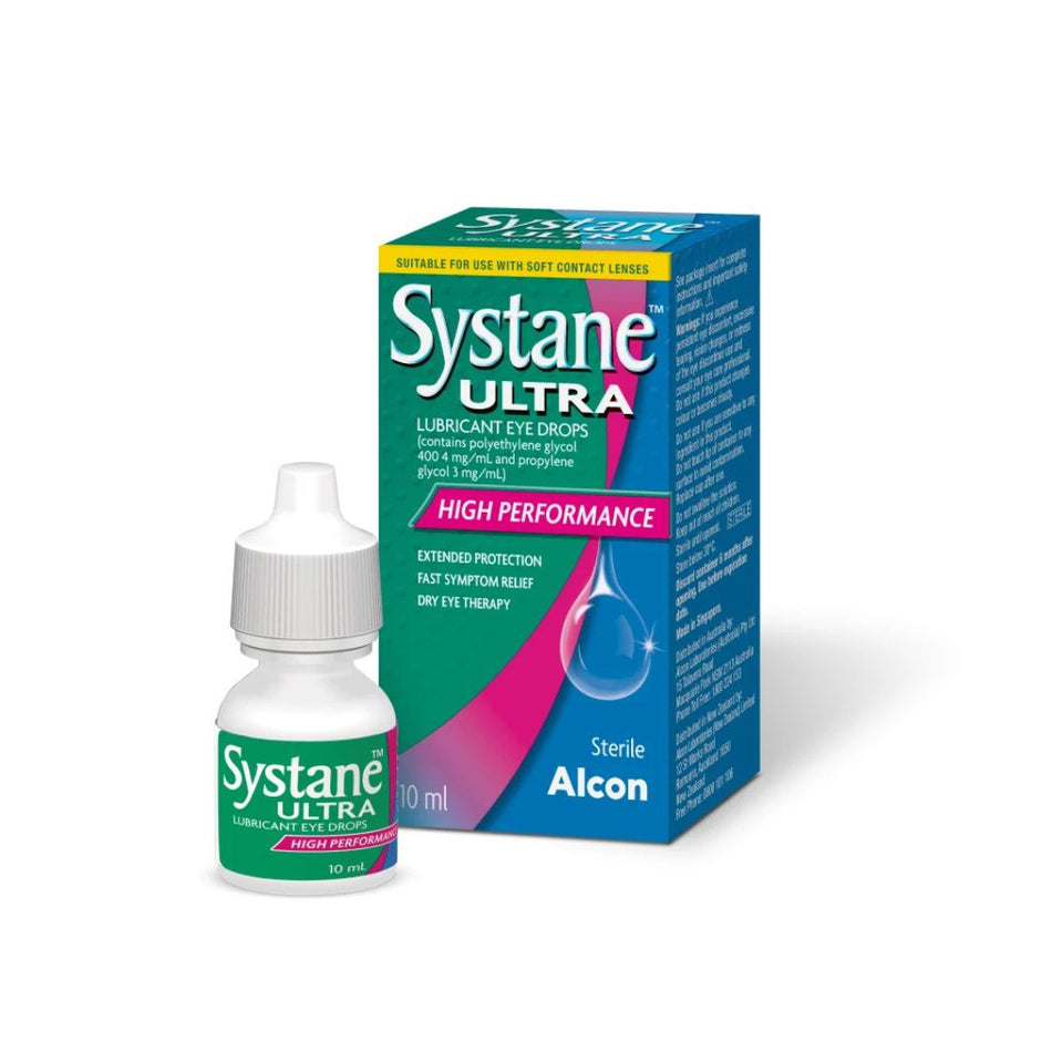 Systane Ultra lubricant eye drops shown with a 10 ml dropper bottle and its blue, green, and pink retail box on a white background.