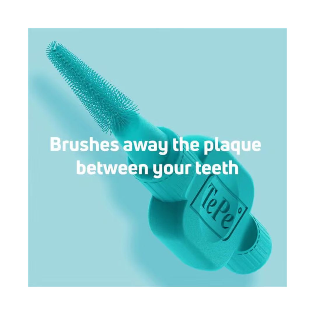TePe EasyFit Interdental Brushes S/M 6 Pack 'Brushes away the plaque between your teeth' on a green background