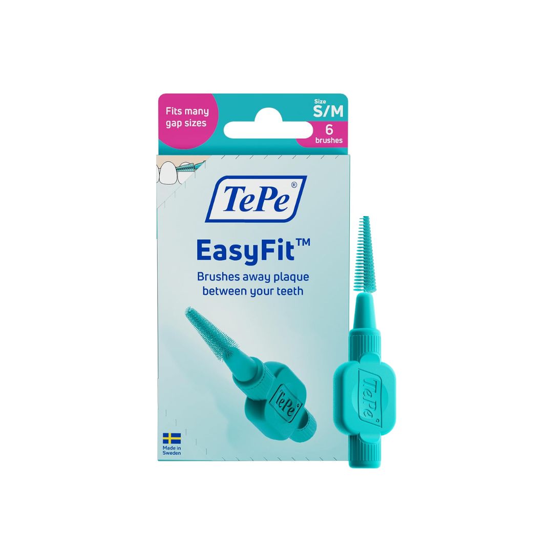 TePe EasyFit Interdental Brushes S/M 6 Pack and brush on a white background