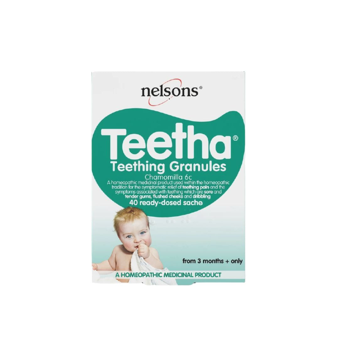 Nelsons Teetha Teething Granules packaging on a white background
