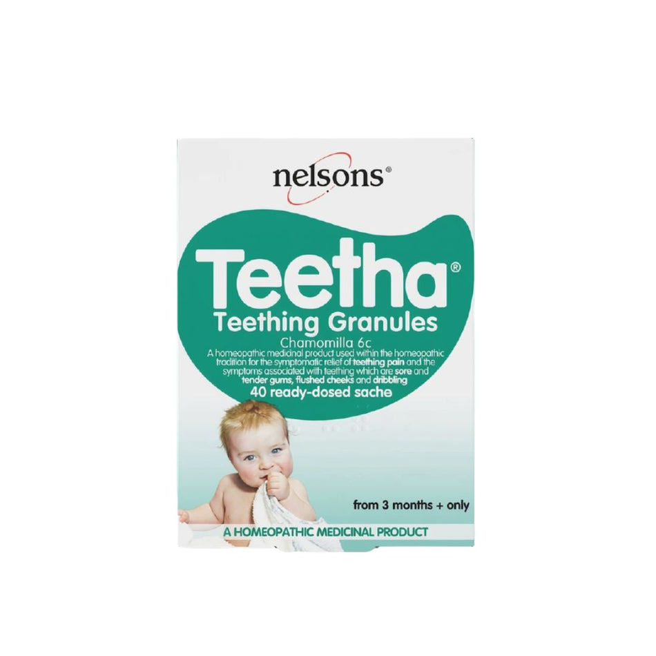Nelsons Teetha Teething Granules packaging on a white background