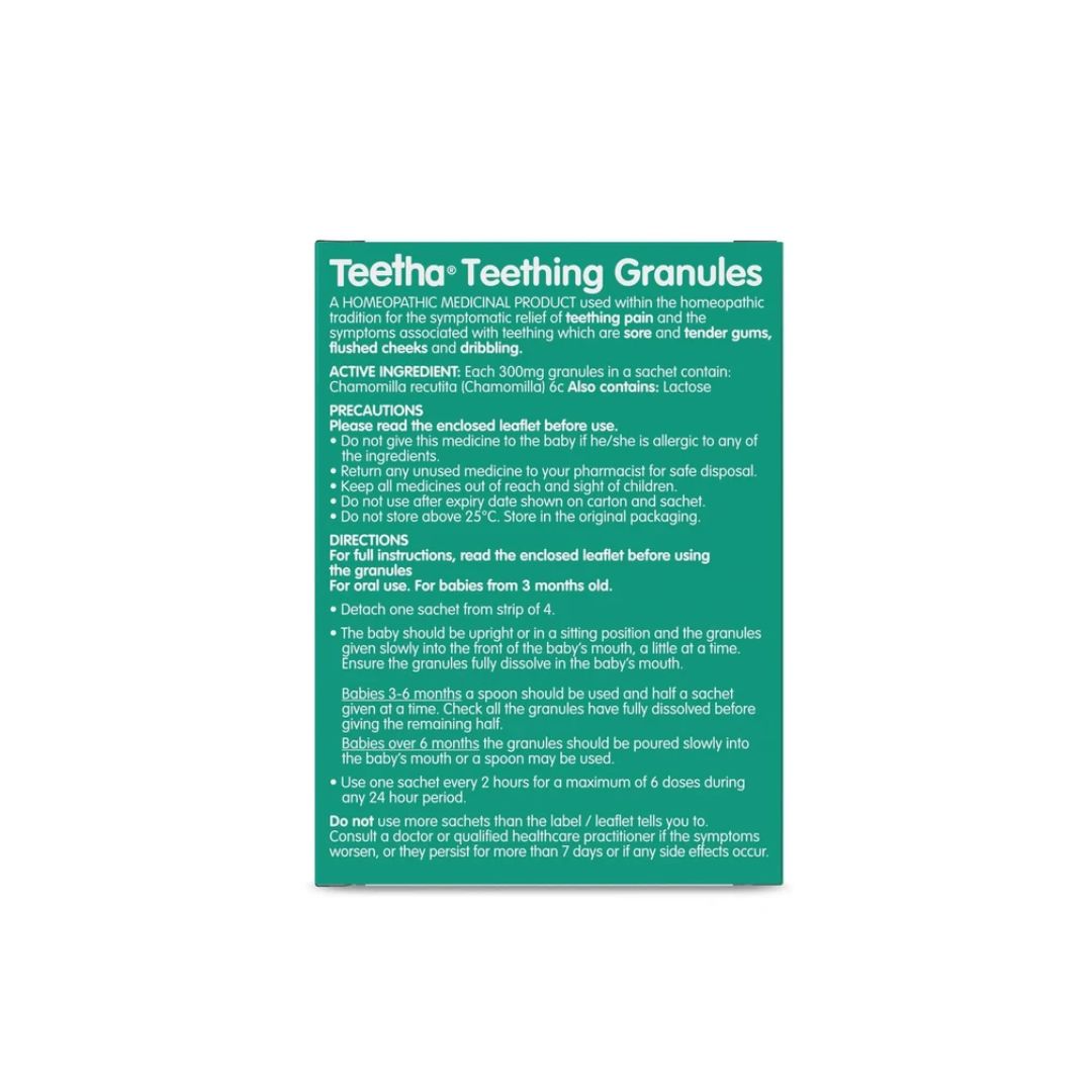 Nelsons Teetha Teething Granules packaging (rear view) on a white background