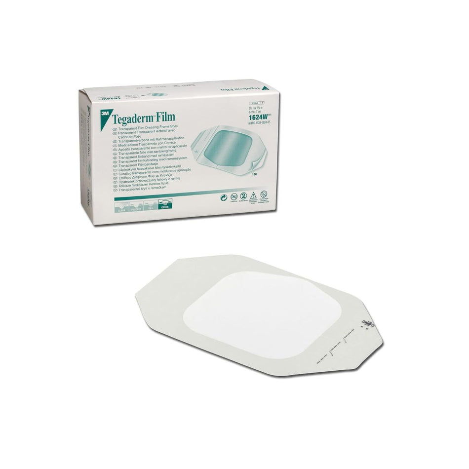 Tegaderm Film adhesive dressing shown with its retail box on a plain white background. The box is white with teal branding and product information, and the dressing itself is a translucent off-white square patch with rounded corners.