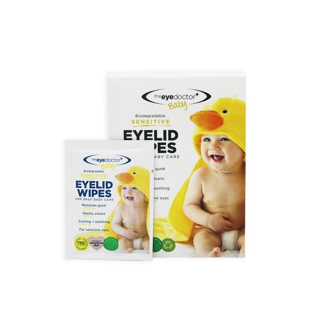 Eye Doctor Sensitive Eyelid Wipes packaging and wipe on a white background