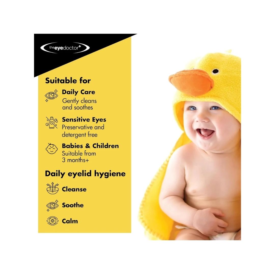 Eye Doctor Sensitive Eyelid Wipes 'Suitable for' graphic with an image of a baby