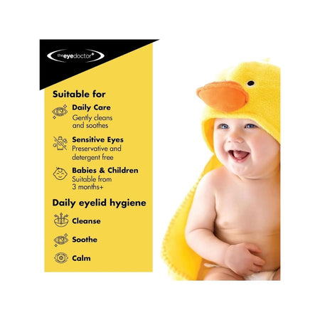 Eye Doctor Sensitive Eyelid Wipes 'Suitable for' graphic with an image of a baby