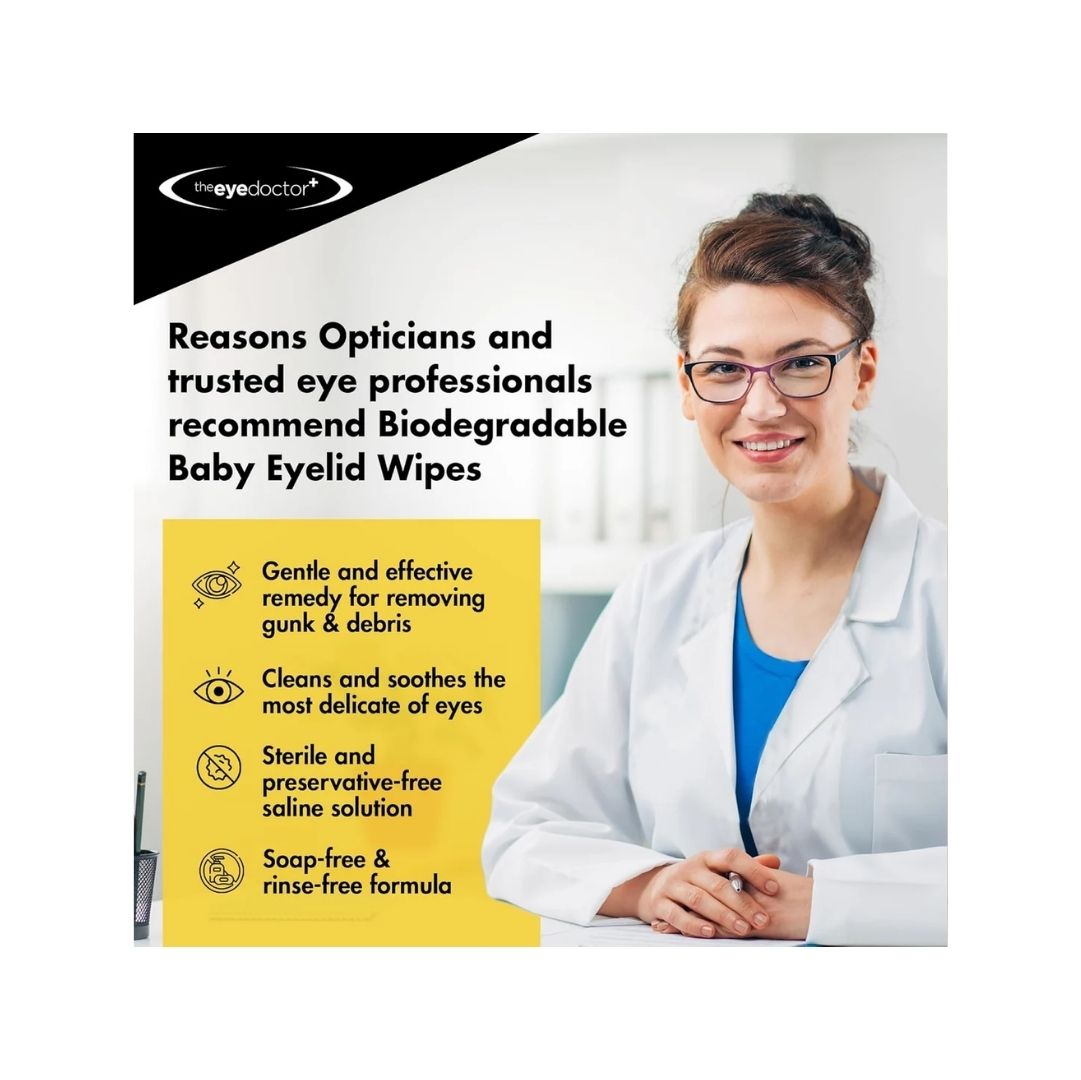 Eye Doctor Sensitive Eyelid Wipes product benefits on an image of a woman in a lab coat