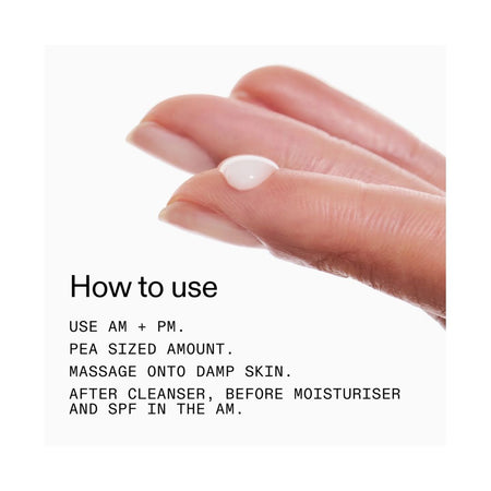 Instructional graphic showing a close-up of a finger with a small dollop of white cream on the tip, alongside text that reads 'How to use: USE AM + PM. PEA SIZED AMOUNT.