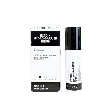 The Inkey List Ectoin Hydro-Barrier Serum shown next to its retail box on a plain white background.