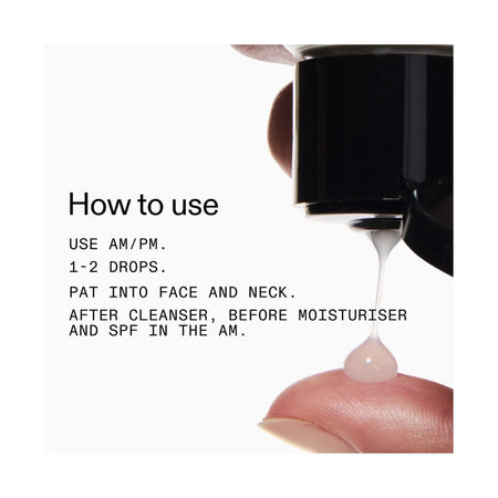 Instruction graphic showing a close-up of a black pump bottle dispensing a clear gel drop onto a finger, with text reading 'How to use' and usage instructions for face and neck.