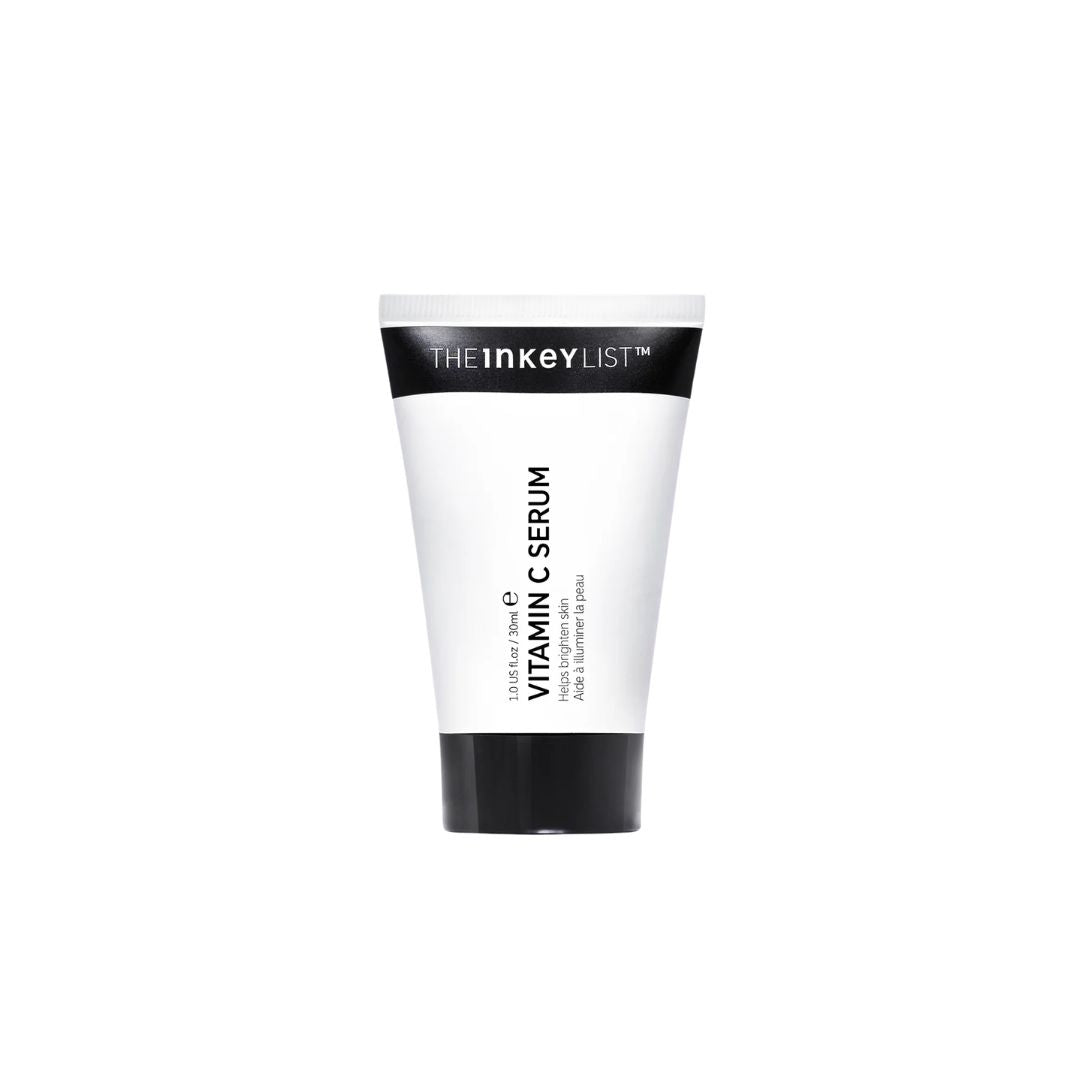 A white squeeze tube of The Inkey List Vitamin C Serum with black caps and text, centered on a plain white background.
