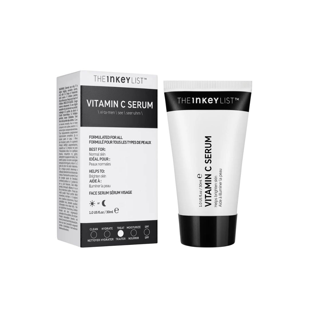 The InkeyList Vitamin C Serum shown as a white squeeze tube with a black cap next to its matching white and black retail box on a plain white background.