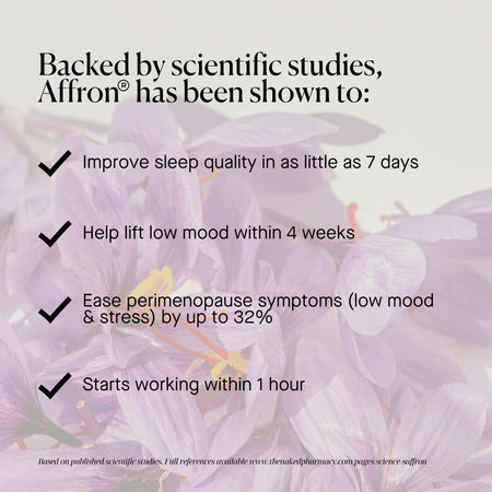 Promotional graphic for Affron with saffron flowers and health benefits text.
