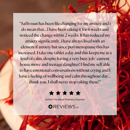 A customer review card for Saffrosun tablets, featuring a testimonial quote and five-star rating on a semi-transparent white background, set against a red textured background of dried flowers.