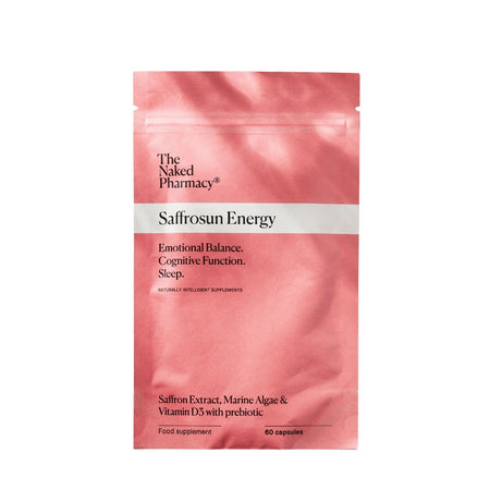 A single stand-up pouch of The Naked Pharmacy Saffrosun Energy food supplement capsules, shown on a plain white background.