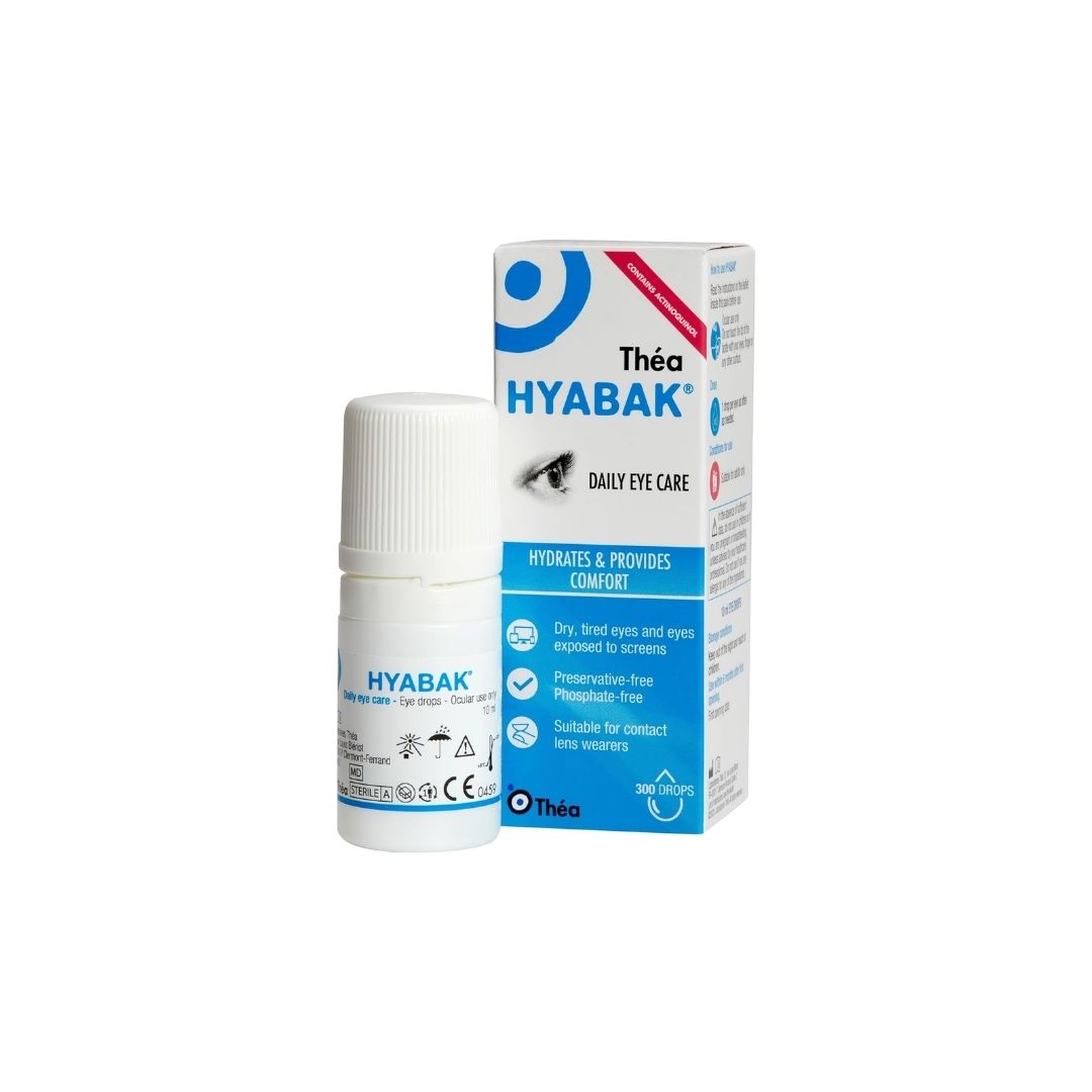 Thea Hyabak Eye Drops 10ml bottle and packaging on a white background