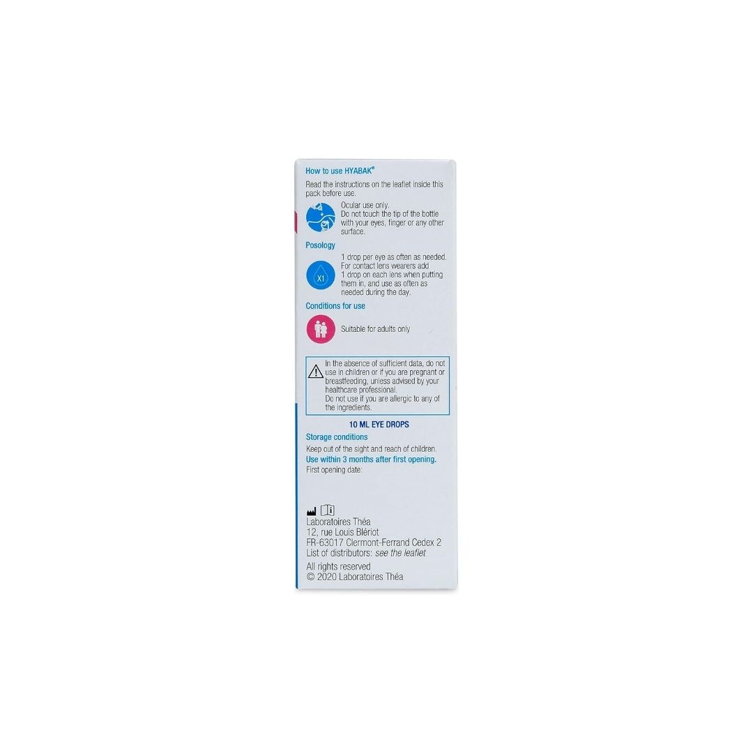 Thea Hyabak Eye Drops 10ml packaging (rear angle) on a white background