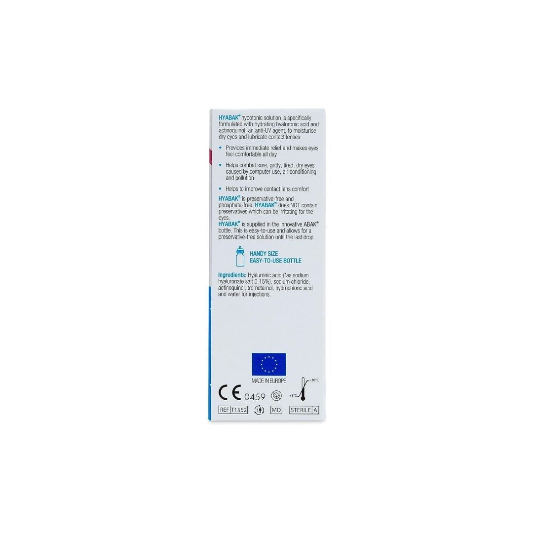 Thea Hyabak Eye Drops 10ml packaging (side angle) on a white background