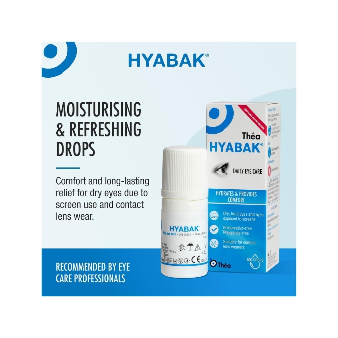 Thea Hyabak Eye Drops 10ml 'MOISTURISING & REFRESHING DROPS' graphic on a grey and blue background