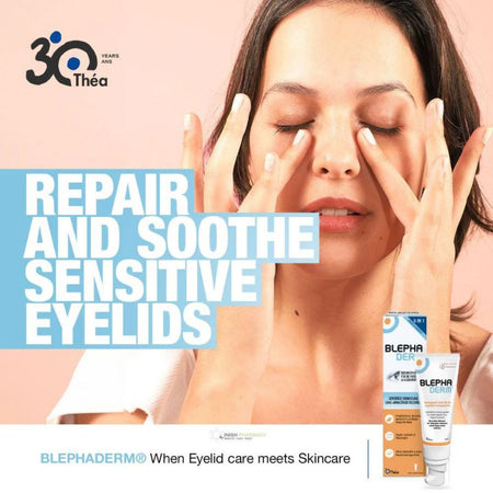 Advertisement for Théa Blephaderm eyelid care product with a woman touching her eyelids.