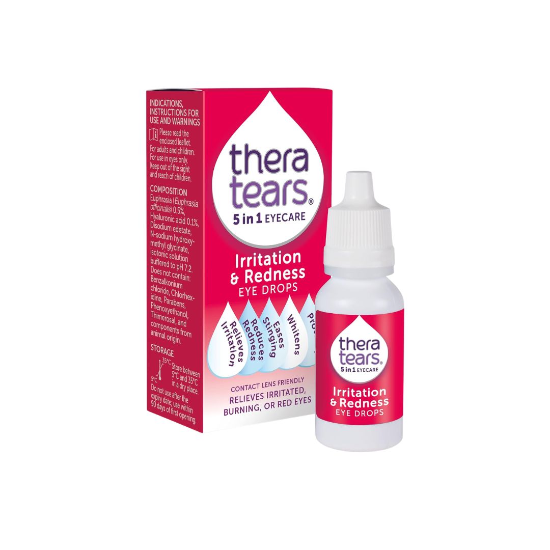 Thera Tears Irritation and Redness Dropps packaging and dropper on a white background