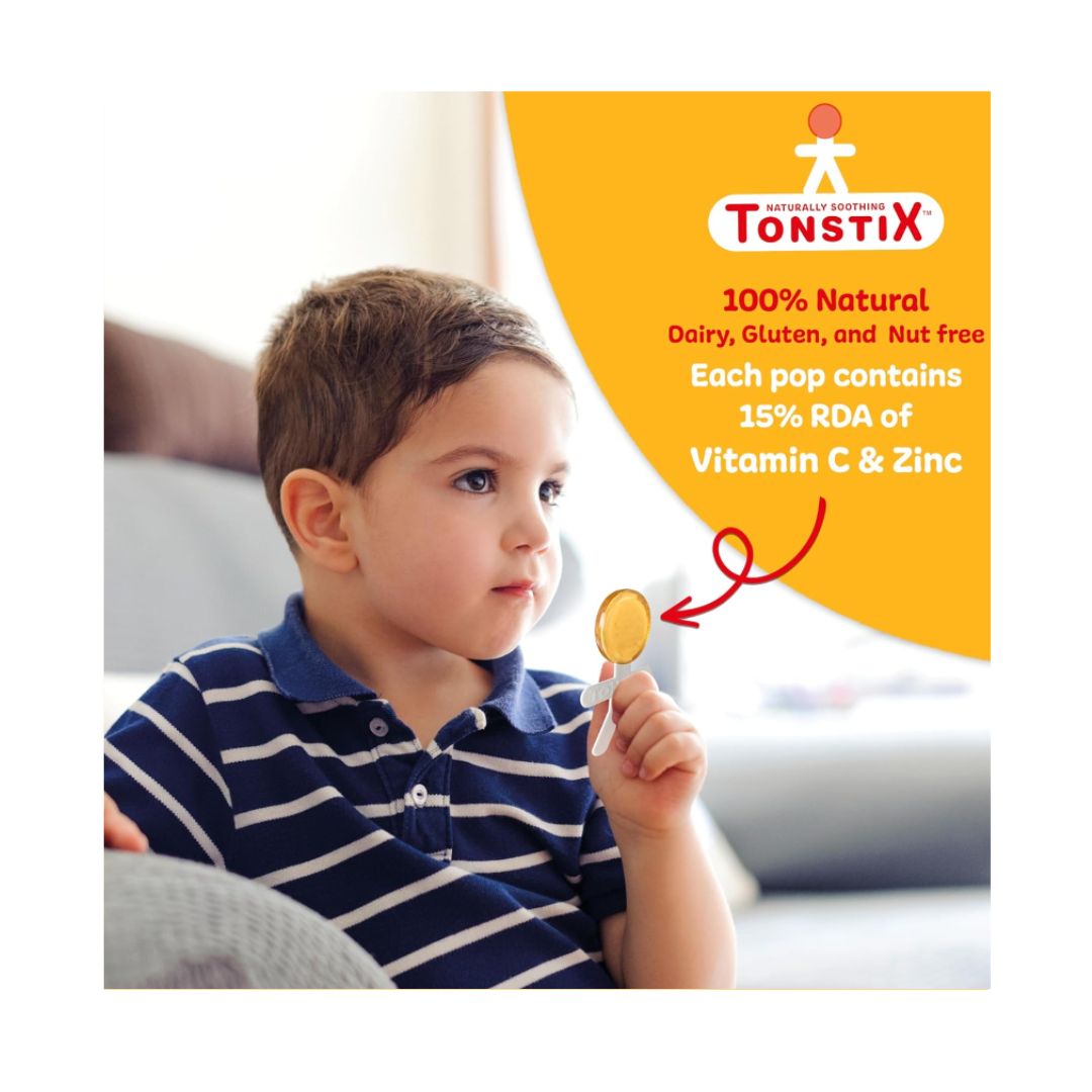 Tonstix Honey & Apple Jelly Pops product information on an image of a child with a pop