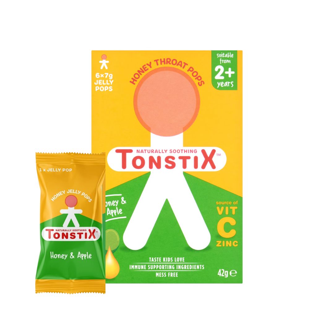Tonstix Honey & Apple Jelly Pops container and pop on a white background