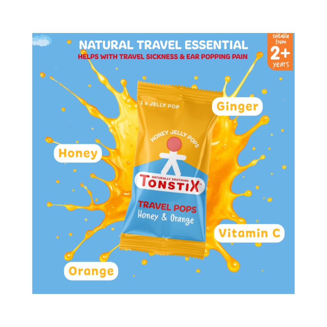 Tonstix Honey & Orange Travel Pop ingredients graphic on a blue background