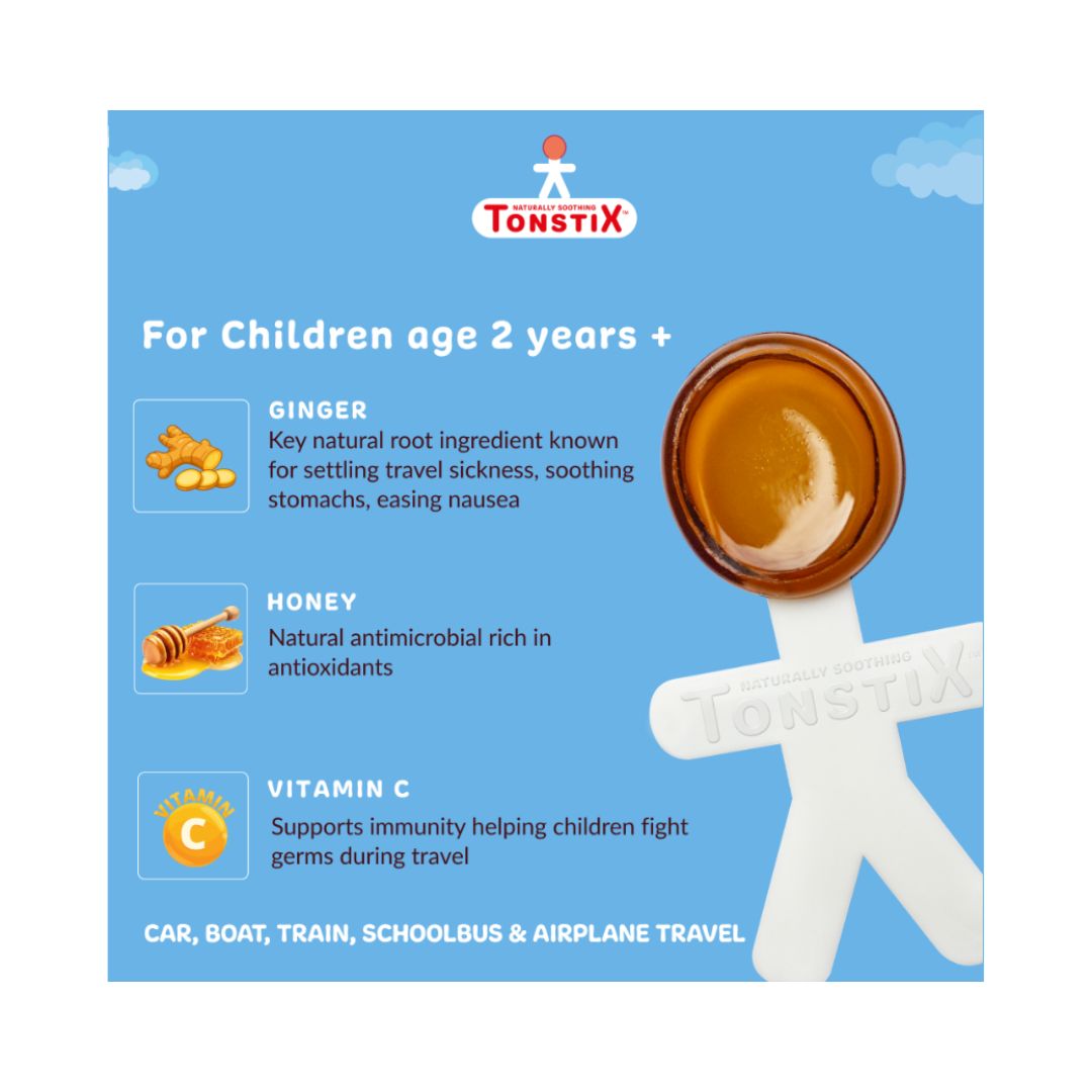 Tonstix Honey & Orange Travel Pop product information graphic on a blue background