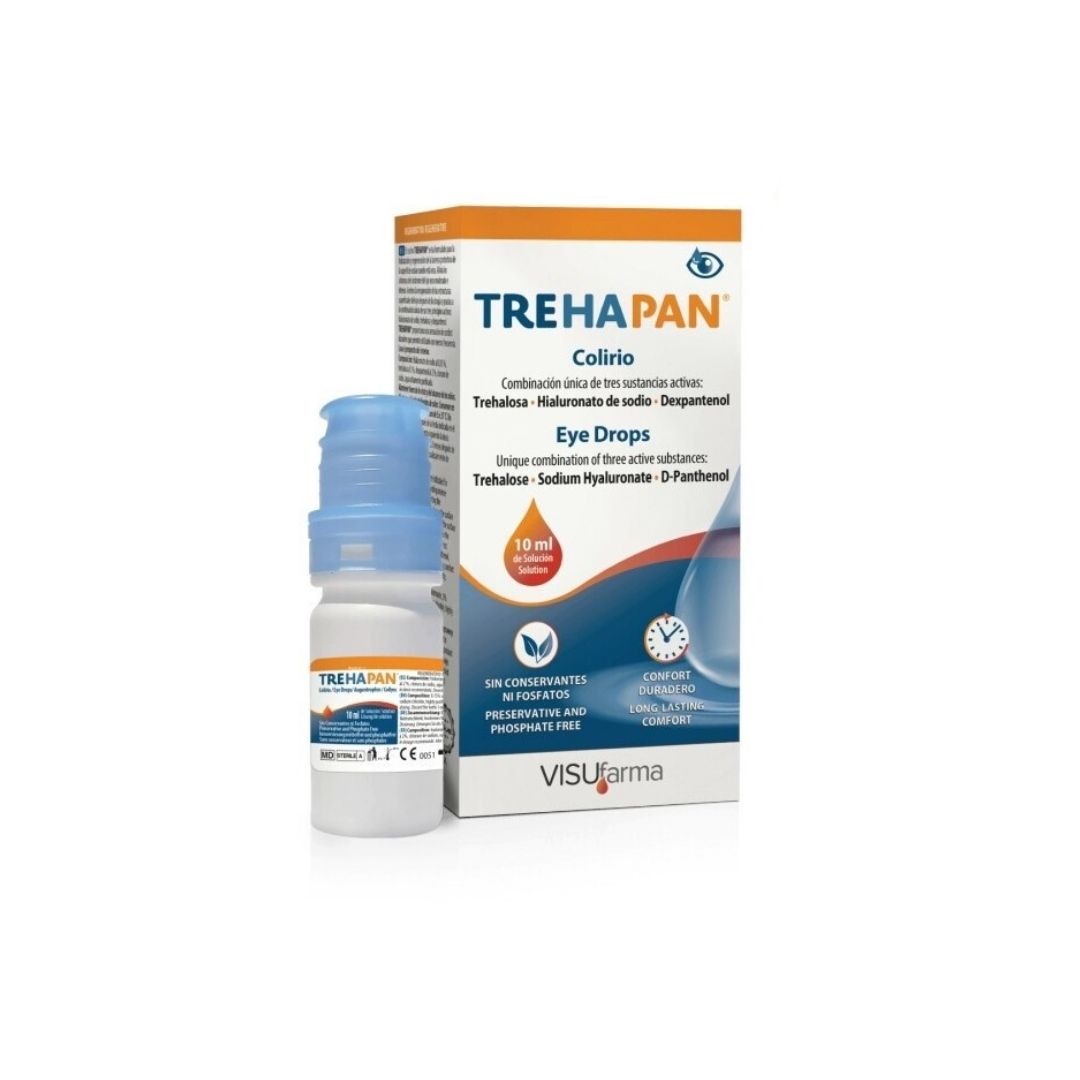 Trehapan Dry Eye Drops 10ml dropper and packaging on a white background