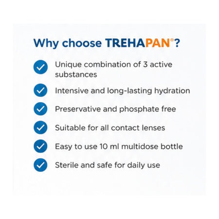 Trehapan Dry Eye Drops 10ml 'Why choose TREHAPAN' graphic on a cream background