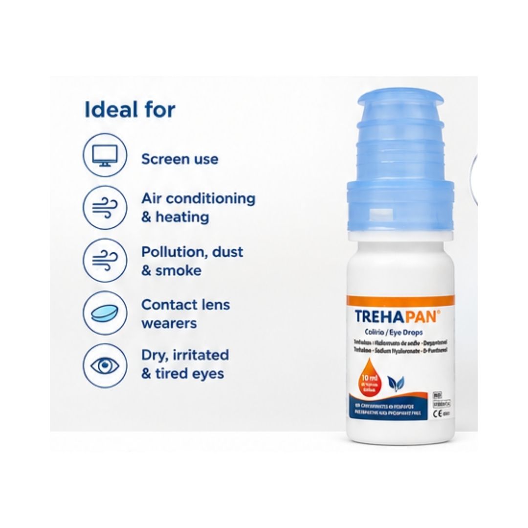 Trehapan Dry Eye Drops 10ml 'Ideal for' graphic on a cream background