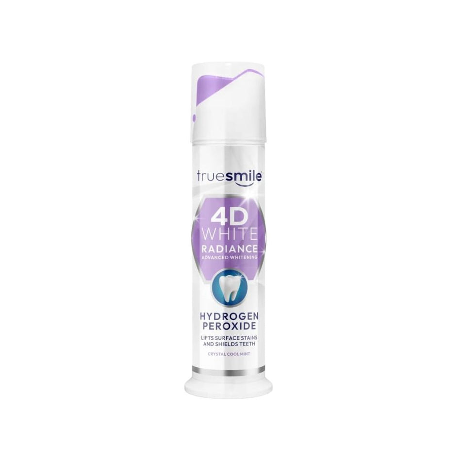TrueSmile 4D White Radiance Hydrogen Peroxide Toothpaste container on a white background