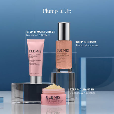 Elemis skincare products with step-by-step instructions on a blue background