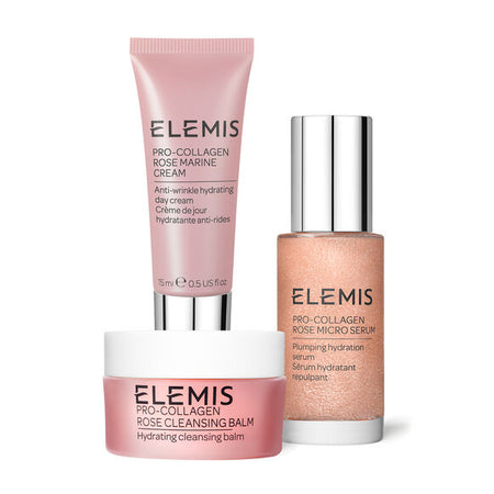 Set of Elemis skincare products including cream, serum, and balm on a white background