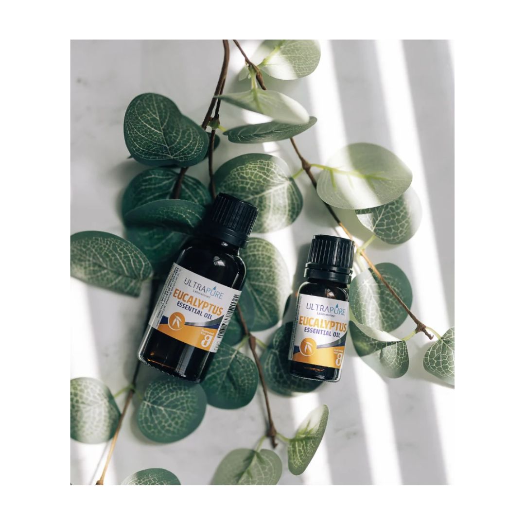 Ultrapure Eucalyptus Essential Oil 25ml on a eucalyptus leaf