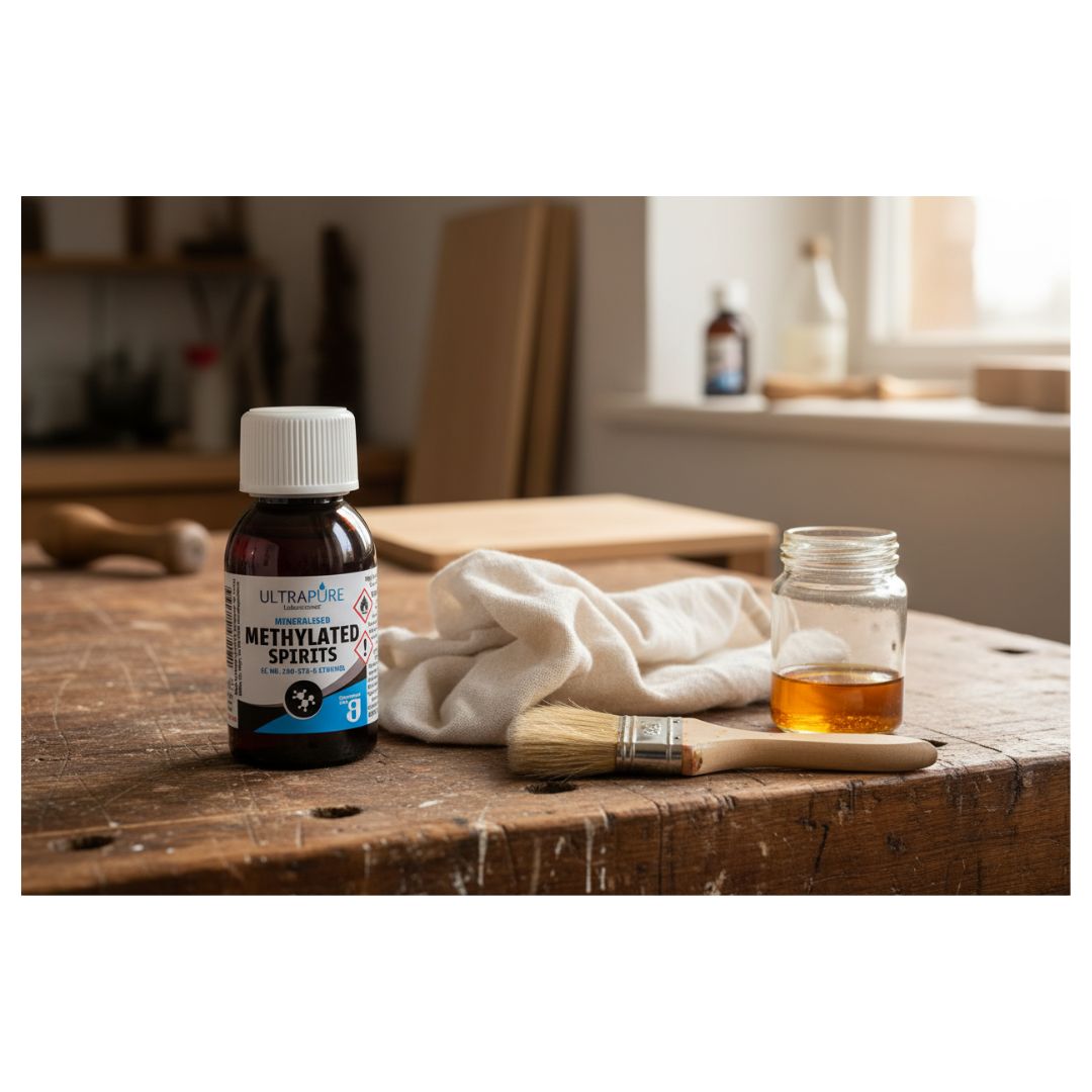 Ultrapure Mineralised Methylated Spirits 250ml bottle on a wooden table with a paintbrush and rag beside