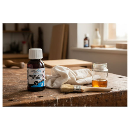 Ultrapure Mineralised Methylated Spirits 250ml bottle on a wooden table with a paintbrush and rag beside