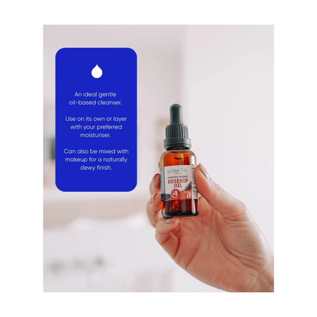 Ultrapure Organic Rosehip Oil 30ml usage graphic with a photo of the dropper