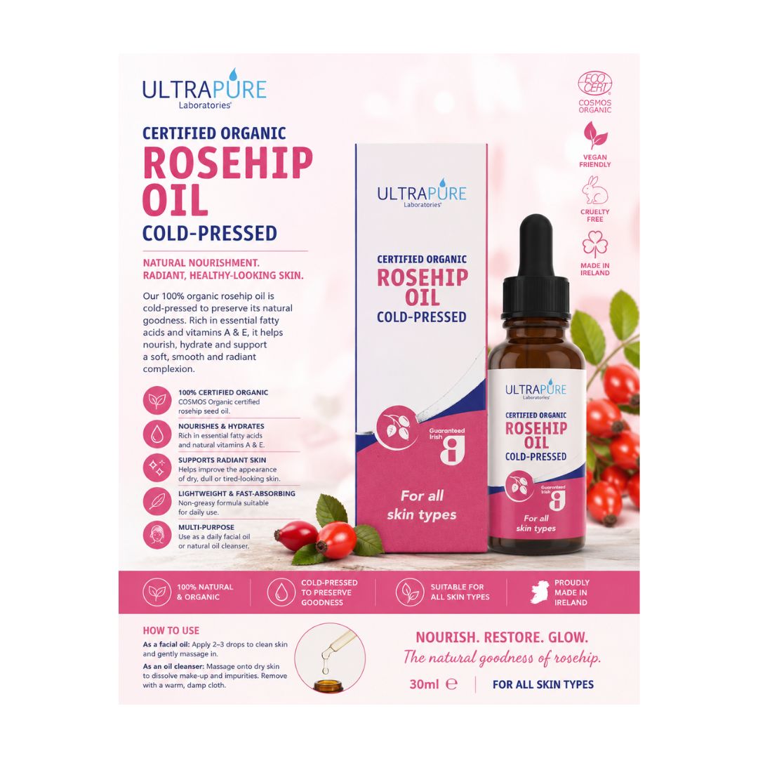Ultrapure Organic Rosehip Oil 30ml promotional graphic with product information
