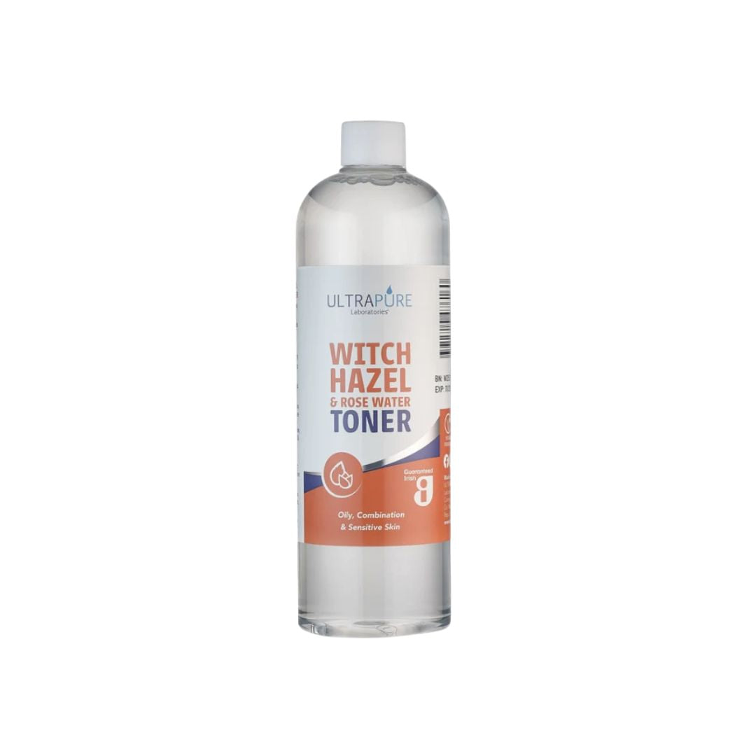A bottle of ULTRAPURE Witch Hazel & Nose Toner on a plain white background.