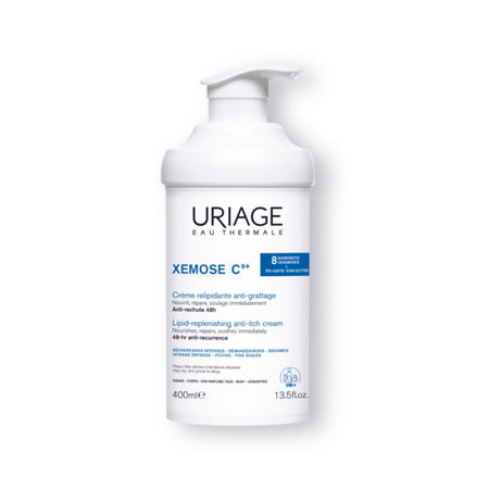 A 400ml white pump bottle of Uriage Eau Thermale Xemose C** Lipid-Replenishing Anti-itch Cream, shown on a clean white background.