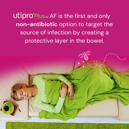 Woman lying on a bed with green bedding, holding a cup, against a pink background with text about utipro Plus AF.
