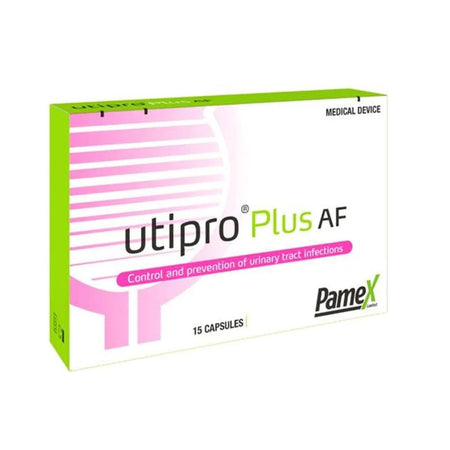 Box of utipro Plus AF capsules with PameX branding on a white background